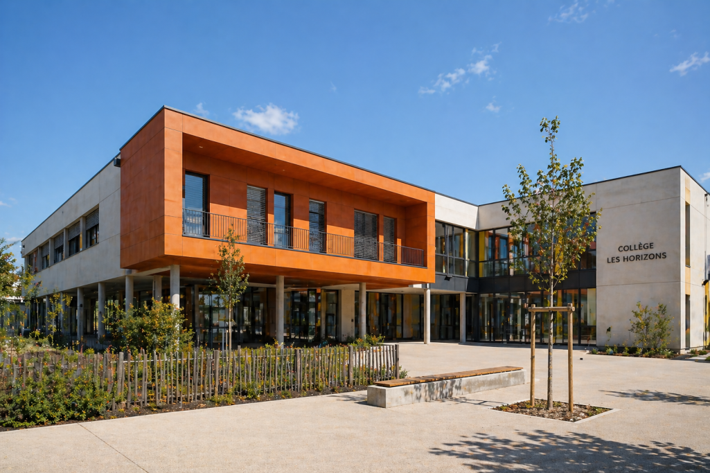 École moderne avec une façade en bois, entourée de verdure et d'un ciel bleu.