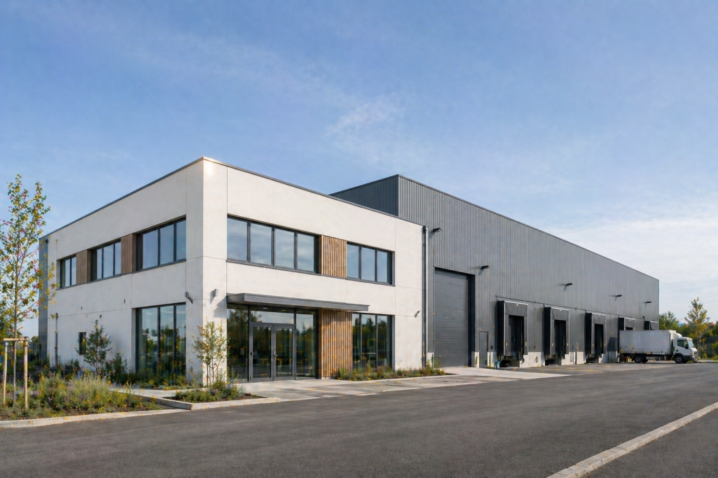 Bâtiment moderne avec façade blanche et grise, entouré d'espaces verts.