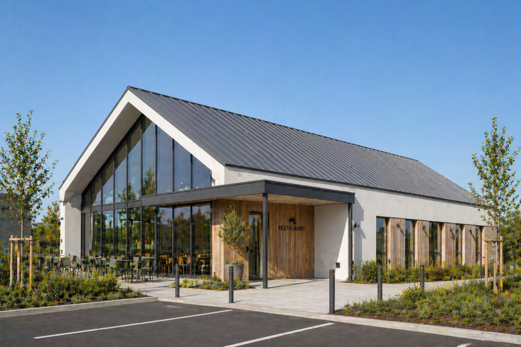 Bâtiment moderne avec un toit en pente et de grandes fenêtres, entouré de verdure.