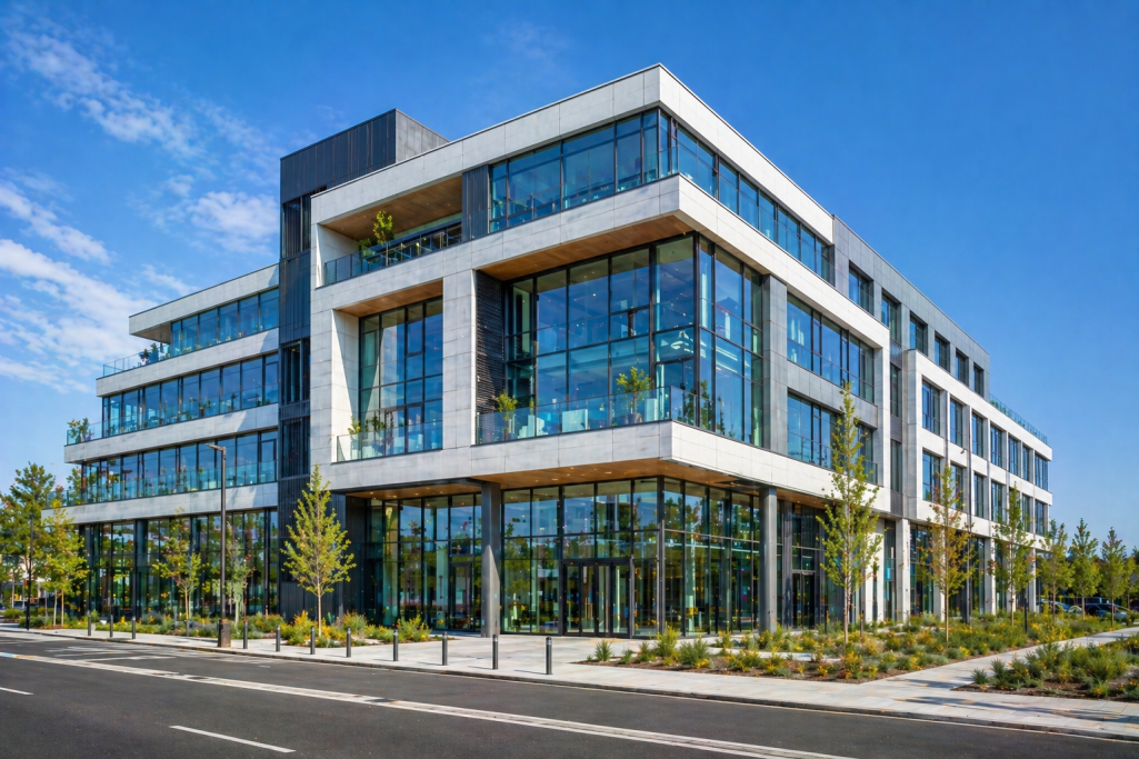 Bâtiment moderne en verre et béton avec des arbres et un ciel bleu en arrière-plan.